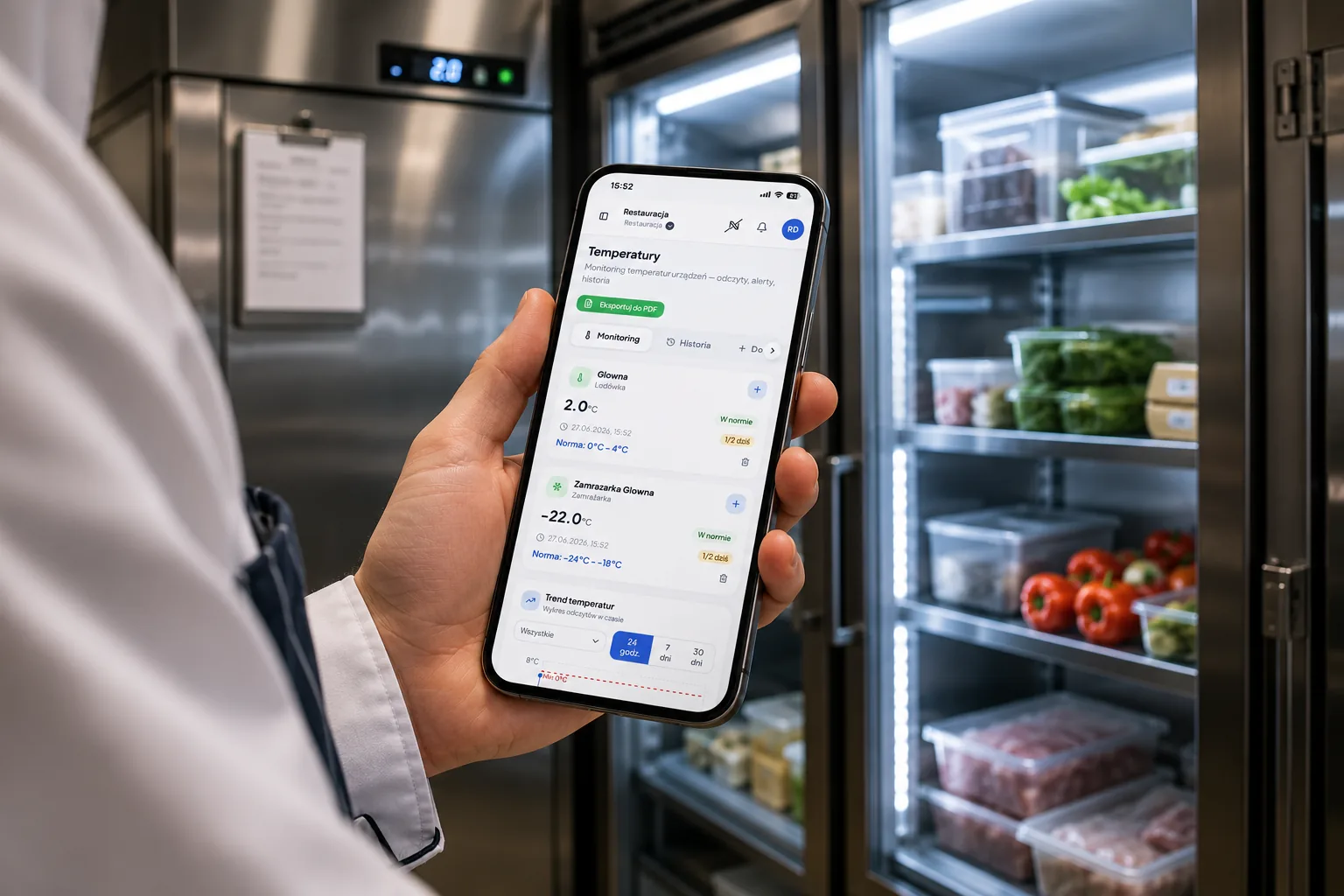 Telefon z aplikacją HACCP Nexus w dłoni na tle kuchni restauracji — wpisywanie danych HACCP z poziomu telefonu
